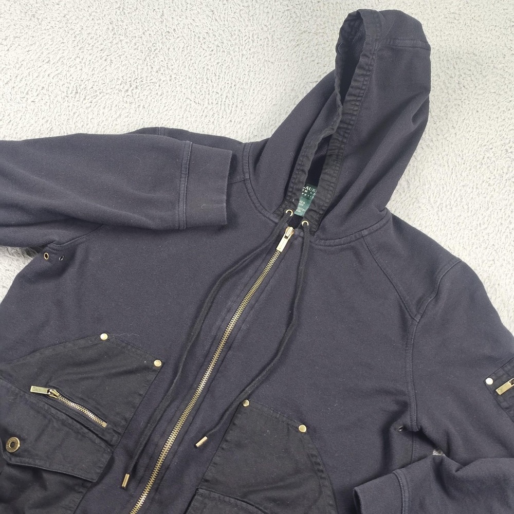 Lauren Ralph Lauren Hoodie Womens Petite Large Black Full Zip Utility Pockets